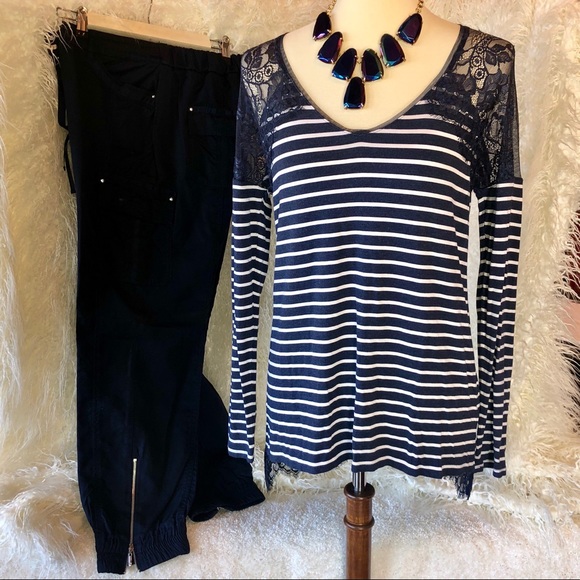 White House Black Market Tops - WHBM long sleeve lace detail stripe